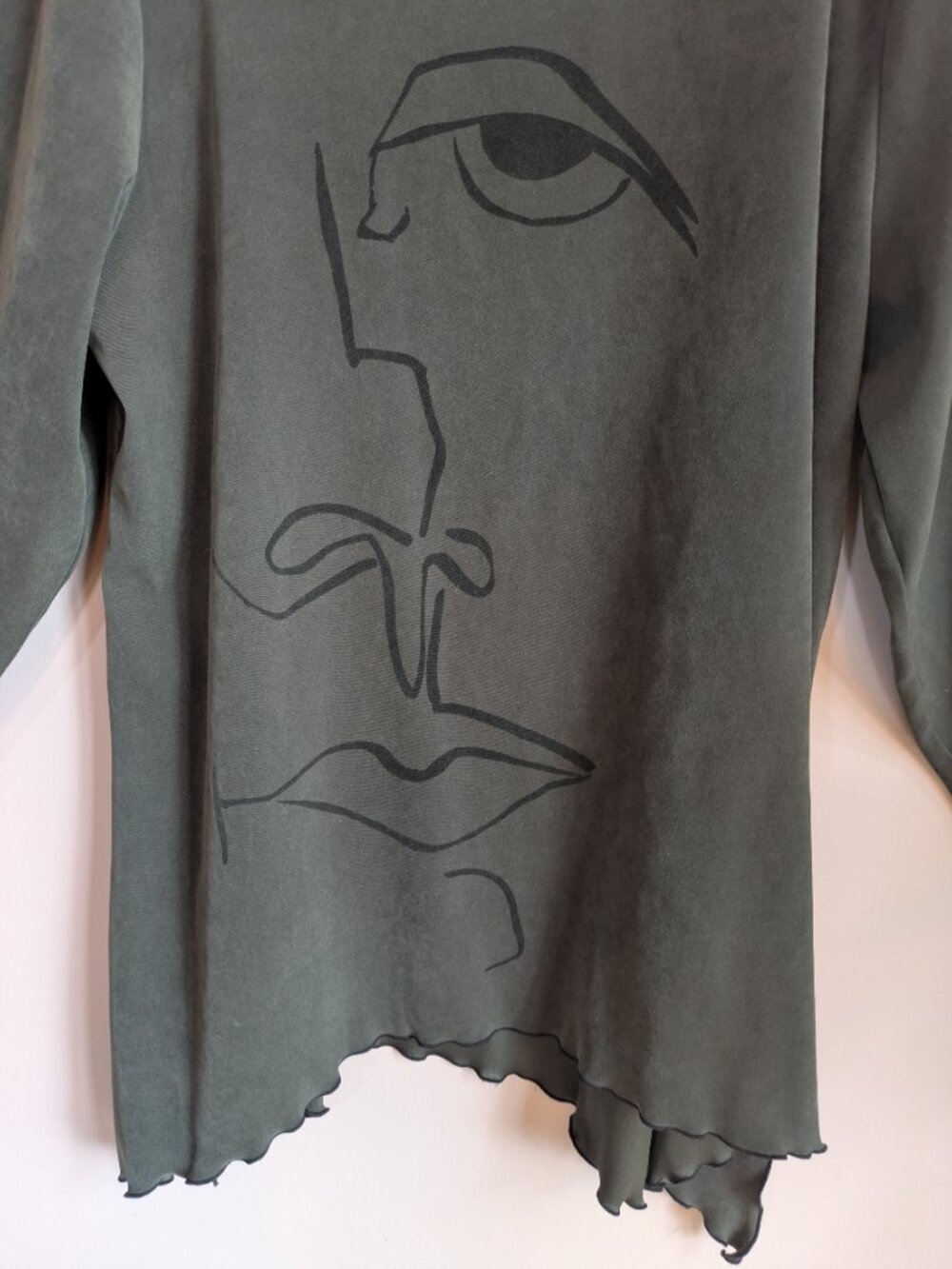ahni olive green faux suede top long sleeve asymmetrical size 2 made in USA #655 - Picture 2 of 5